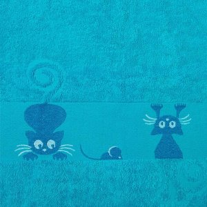 Полотенце махровое с бордюром «Кошки» цвет бирюзовый, 30х60см