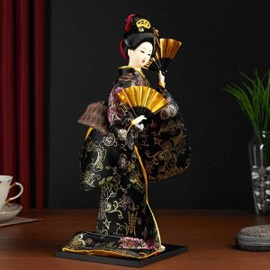 Кукла коллекционная "Гейша в черно-золотом кимоно с веерами"