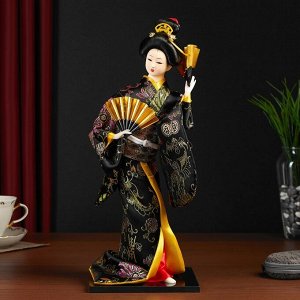 Кукла коллекционная "Гейша в черно-золотом кимоно с веерами" 40 см