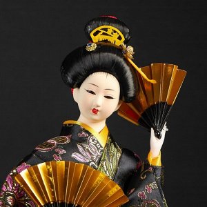 Кукла коллекционная "Гейша в черно-золотом кимоно с веерами"
