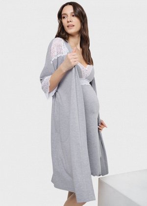 Комплект в роддом с кружевом (сорочка "халат) для беременных и кормления "Дольче"; серый