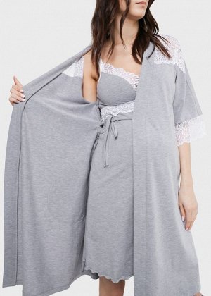 Комплект в роддом с кружевом (сорочка "халат) для беременных и кормления "Дольче"; серый