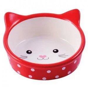 КерамикАрт миска керамическая для кошек 250 мл Мордочка кошки красная в горошек СКИДКА 30%