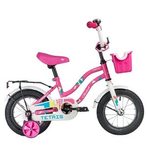Велосипед NOVATRACK 12" TETRIS розовый,тормоз нож.,крылья цвет.,багажник чёрный., перед.корзина, пол