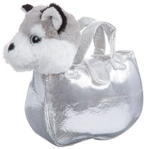 Собачка в серебристой сумке, Bondibon МИЛОТА, c ошейником и поводком, PAC, лайка 20 cм, арт.LEO20-15