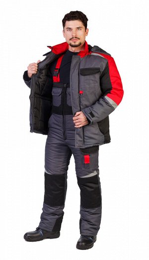 Костюм мужской рабочий "Мега" зимний куртка, п/к серый с черным, красным и СОП