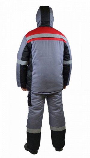 Костюм мужской рабочий "Респект" зимний куртка,п/к серый с кр-чёр отделкой и СОП тк. смесовая
