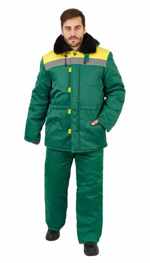 Куртка мужская рабочая "Патриот" зимняя с мех. воротником т-зелёная с желтым тк. Смесовая