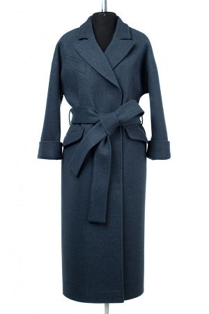 01-09376 Пальто женское демисезонное (пояс) валяная шерсть сине-зеленый