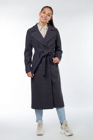 01-09899 Пальто женское демисезонное (пояс) валяная шерсть серо-синий