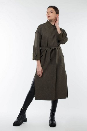01-09785 Пальто женское демисезонное (пояс) валяная шерсть хаки