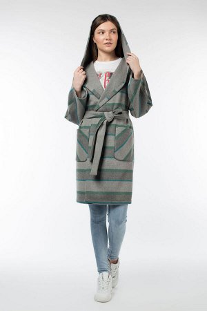 01-09763 Пальто женское демисезонное (пояс) Ворса серо-зеленый