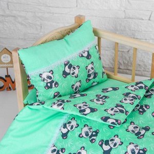 Постельное бельё для кукол «Панды на зелёном», простынь, одеяло, подушка