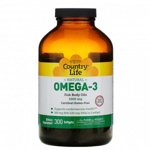 Country Life, Омега-3, 1000 мг, 300 мягких желатиновых капсул