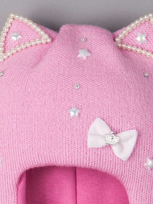 Шапка-шлем для девочки с ушками, бантик, звездочки, бусинки, розовый