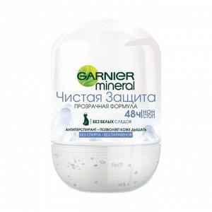 Дезодорант-антиперспирант шариковый mineral, чистая защита, антибактериальный, защита 48 часов, невидимый, garnier, 50мл