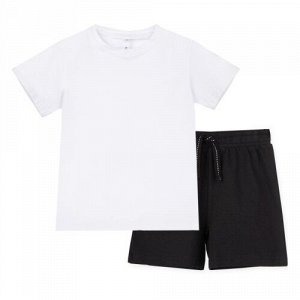 Комплект трикотажный для девочек: фуфайка (футболка), шорты, сумка-мешок белый,черный