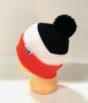 Шапка Черно-белая шапка с оранжевым отворотом и помпоном  №172