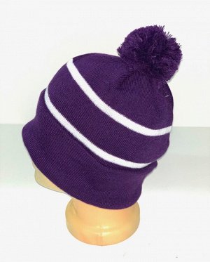 Шапка Фиолетовая шапка в полоску с помпоном  №341