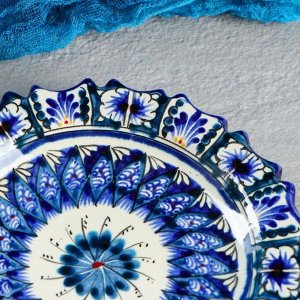 Тарелка Риштанская Керамика "Цветы", синяя, рильефная, 17см