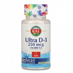 KAL, Ultra D-3, Unflavored, 10,000 IU, 90 Micro Tablets