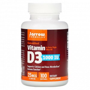 Jarrow Formulas, Vitamin D3, Cholecalciferol, 25 mcg (1,000 IU), 100 Softgels