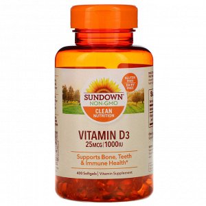 Sundown Naturals, Витамин D3, 25 мкг (1000 МЕ), 400 мягких таблеток