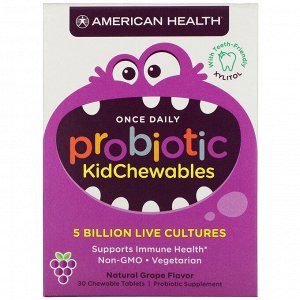 American Health, Жевательные таблетки Probiotic Kid, жевательные таблетки, натуральный виноградный вкус, 5 млрд живых культур, 30 жевательных таблеток