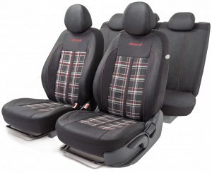 Авточехлы Polo GTi,  материал жаккард, 2 мм поролон, новое лекало - 3D крой, 11 предметов,  валики для быстрой фиксации переднего ряда, 5 подголовников, 2 молнии, AIRBAG черный/серый/красный,