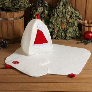 Набор банный подарочный "С Новым годом" (коврик, рукавица, шапка), войлок, красный