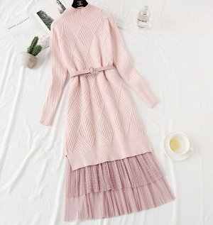 Удлиненный свитер+юбка,розовый