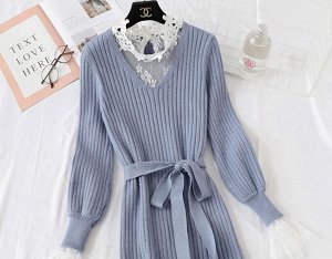 Блуза+трикотажное платье,серо-синий