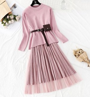 Удлиненный свитер+юбка+сумка- ремень,розовый