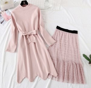 Трикотажный удлиненный свитер +юбка,розовый