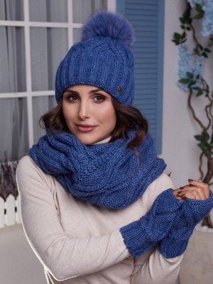 Женский комплект Гламур, шапка снуд митенки Джинс