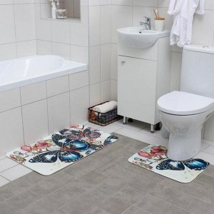 Набор ковриков для ванны и туалета «Бабочки», 2 шт: 50?80, 38?50 см