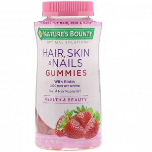 Nature&amp;#x27 - s Bounty, Optimal Solutions, для волос, кожи и ногтей, с ароматом клубники, 2500 мкг, 140 жевательных конфет