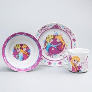 Набор посуды «Анна и Эльза», 4 предмета: тарелка ? 16,5 см, миска ? 14 см, кружка 200 мл, коврик в подарочной упаковке, Холодное сердце