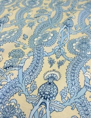 Рогожка Премиум "Голубой цветочный орнамент на бежевом", ш.1.5м, хлопок-100%, 200гр/м.кв