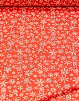 Поплин "Белые снежинки на красном", 1.5 м, хлопок-100%