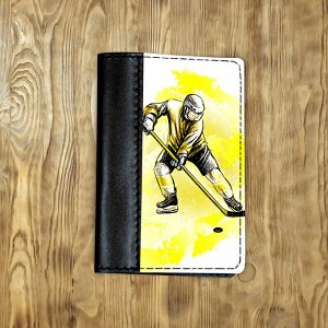 Обложка на паспорт комбинированная "Яркий хоккеист", черная