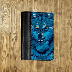 Обложка на паспорт комбинированная "Синий волк", черная