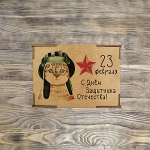 Коробка №1  "23 февраля с днём защитника отечества Кот в шапке" 2 , дуб