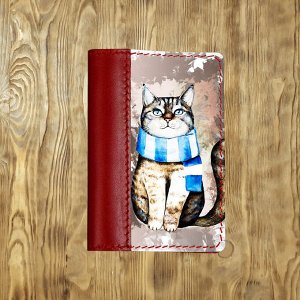 Обложка на паспорт комбинированная "Акварельный кот", красная