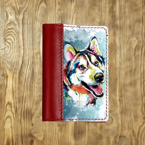 Обложка на паспорт комбинированная "Акварельный пес", красная