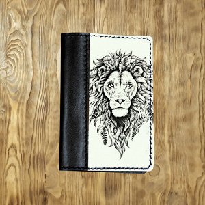 Обложка на паспорт комбинированная "Черно-белый лев", черная