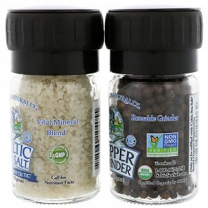 Celtic Sea Salt, Mini Mixed Grinder Set, Light Grey Celtic Salt & Pepper Grinder, 2.9 oz (82 g)