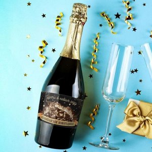Наклейка на бутылку "Шампанское Новогоднее" черно-золотая с быком, 12х8 см
