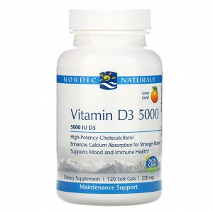 Nordic Naturals, Vitamin D3 5000, витамин D3 со вкусом апельсина, 5000 МЕ, 120 мягких желатиновых капсул