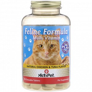 Actipet, Feline Formula, Multivitamin For Cats, Natural Chicken & Tuna Flavor, 90 Chewable Tablets
